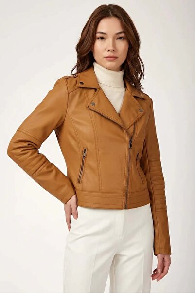 Generic Brand Women's Classic Collar Stand-Up Zipper Camel Jacket