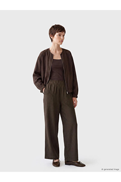 LC Waikiki Brown Women's 100% Linen Trousers with Elastic Waist