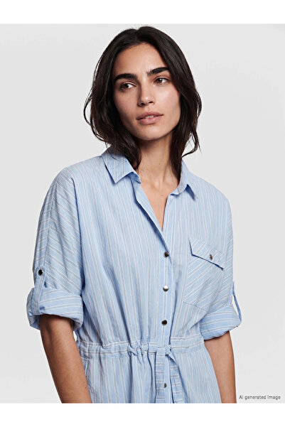 LC Waikiki Blue Striped Women's Shirt with Pockets
