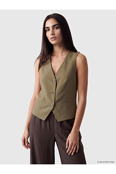 LC Waikiki Khaki V-Neck Linen Blended Women's Classic Vest