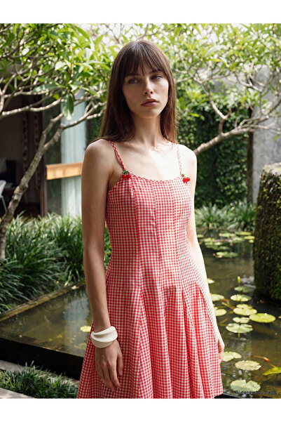 LC Waikiki Red Plaid Strap Waist-Slit Mini Dress