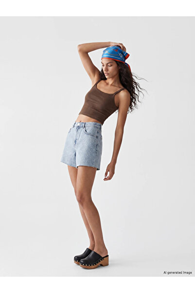 LC Waikiki Blue High Waist Stoned Women's Jean Shorts
