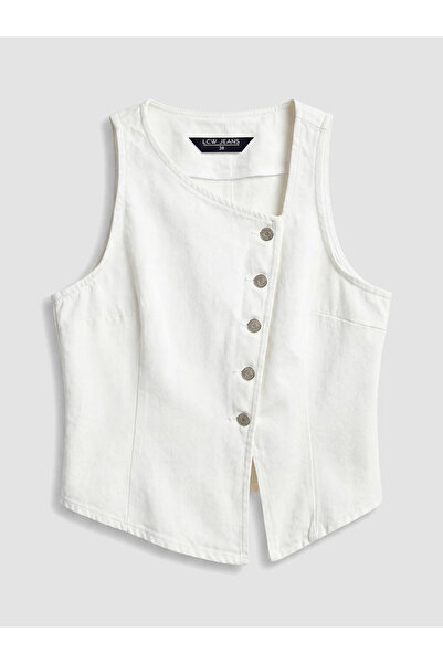 LC Waikiki White Asymmetrical Collar Women's Jean Vest