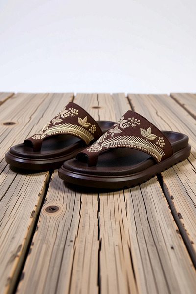 BENERLY Flip-flops de damă cu toc plat, din piele artificială, cu detalii bro...