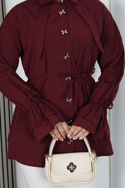 HNT Hayrunnisa Tesettür Butterfly Stone Button Detailed Lace-Up Tunic Claret Red Hnt2126