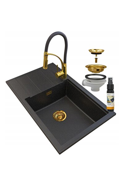 Granitan Set chiuveta cu baterie, sifon, solutie, Granitan, Negru/Auriu, Granit