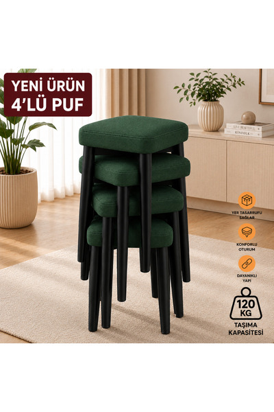 EDMONDA EV AKSESUAR KARE 4LÜ PUF TAKIMITABURE BENCH MAKYAJ SANDALYESİ SİYAH AYAK