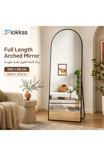 Tiokkss مرآة مقوسة بطول كامل 165×60 سم، مرآة أرضية بإطار أسود نحيف مع حامل قا...