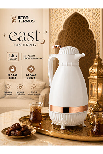 Star Termos East Serisi 1.5 LT Cam Termos Beyaz Rose | 12 saa sıcak 24 saat s...