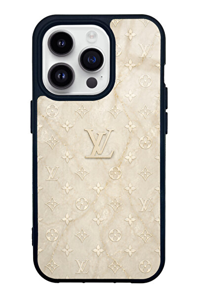 Spoyi iPhone 14 Pro Krem Gold LV Tasarımlı Glossy Telefon Kılıfı