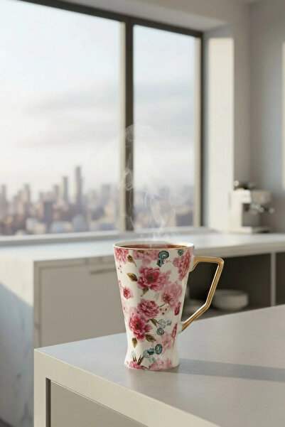 Bereketli Store Acar Flower Patterned White Porcelain Latte Mug with Handle 5...
