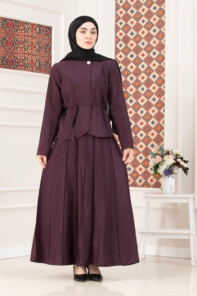 Sevitli Button Detailed Ribbed Skirted Double Suit Set-Mürdüm