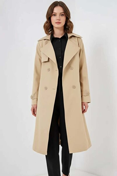 ALFA AKSESUAR 03 Women's Double Breasted Collar Belted Beige Trench Coat