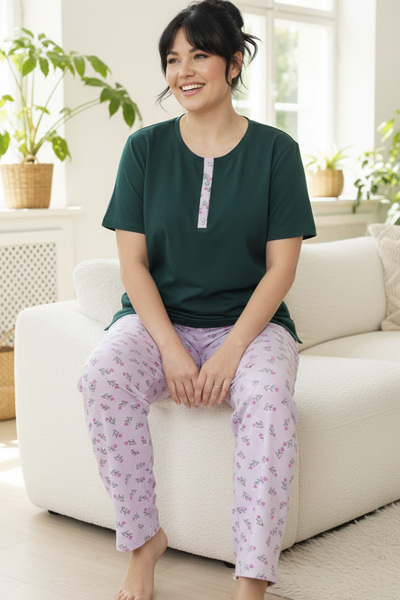 Siyah İnci Patterned Cotton Plus Size Oversized Knitted Pajama Set