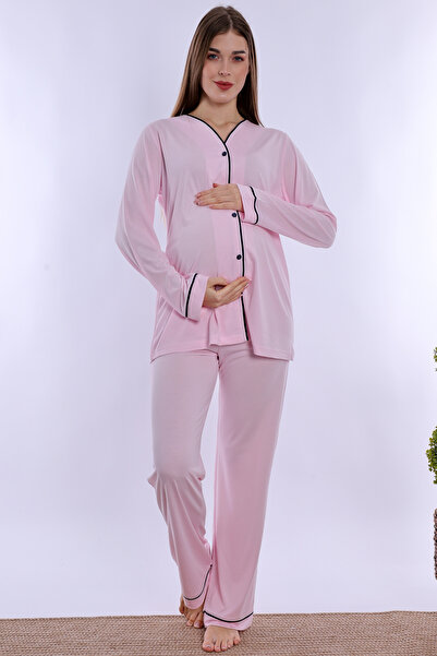 ByLohusa Adjustable Waist Detailed Maternity Pajama Set with Breastfeeding Fe...