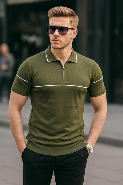 comstar Tricou cu guler polo pentru bărbați, cu dungi, casual, kaki