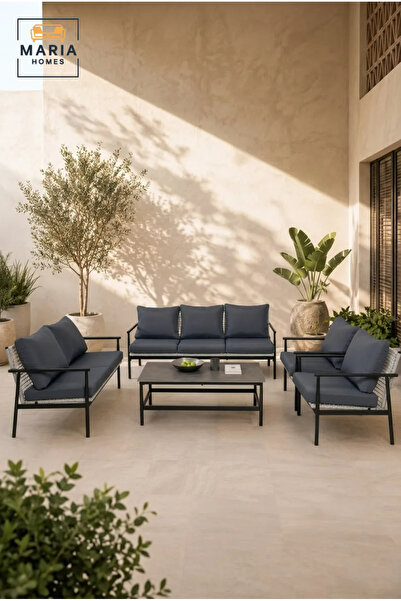 MARIA HOMES 5-Piece Outdoor Patio Conversation Set with Dark Blue Cushions & ...