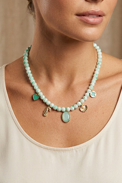 PETEK AKSESUAR Mint Green Alaçati Glass Bead Sea Shell Charm Necklace