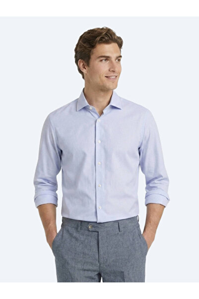 Kip Light Blue Micro Regular Fit Long Woven Casual 100% Cotton Shirt