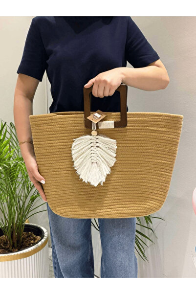 AngelsAccessories Τσάντα Χειρός με Ξύλινες Λαβές & Αποσπώμενο Charm Μακραμέ