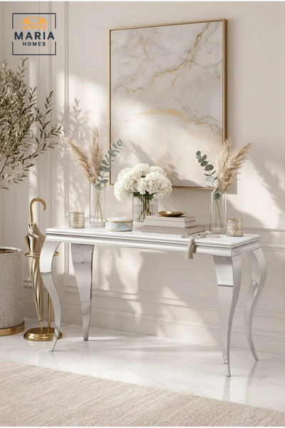 MARIA HOMES Luxury Silver Console Table with Marble Look Top – Modern Entrywa...
