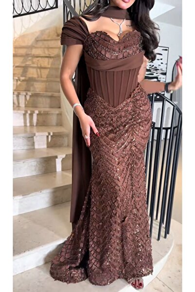 NALA FASHION Luxury Evening Dress - Burgundy Color with Stripe Embroidery
