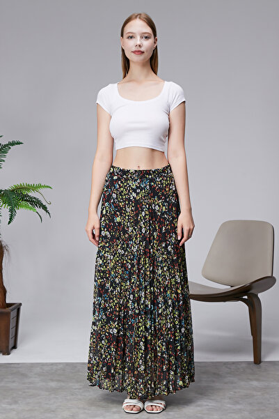 sehatex Patterned Lined Pleated Chiffon Skirt with Elastic Waistband