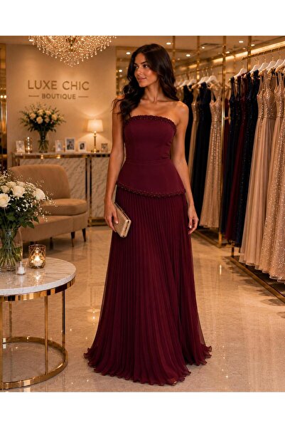 renk abiye Strapless Stone Detailed Pleated Long Evening Dress 5398