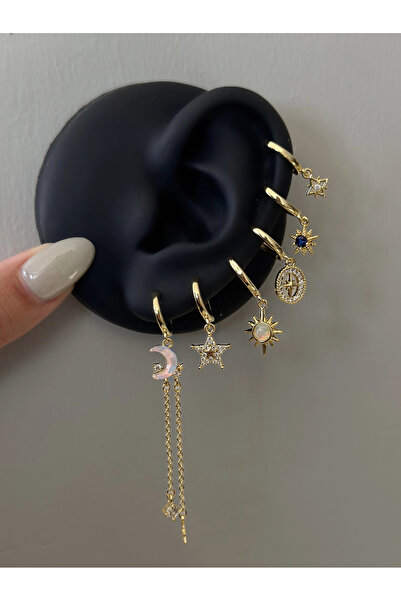 h&b design jewel Çelik Sallantılı Hilal Detay 6 Lı Küpe Seti
