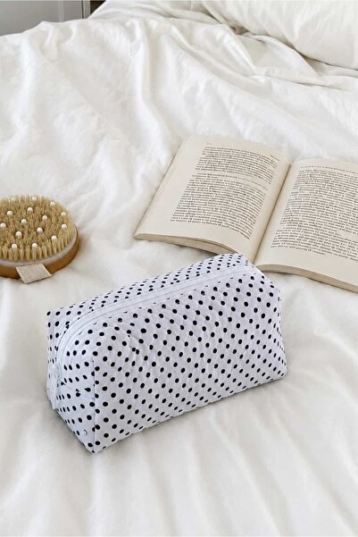 Yuka Atelier Black Polka Dot Quilted Makeup Bag Travel Organizer Zippered Cos...