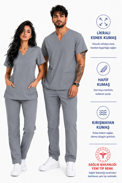 İNCİ ÜNİFORMA Gri Likralı Scrubs Takım Kadın Erkek Hemşire Doktor Forması V Y...