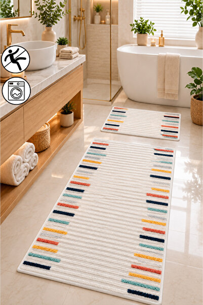 blcmoda Renkli Çizgi Desenli 2'li Banyo Paspası Takımı Kaymaz Taban Dijital B...