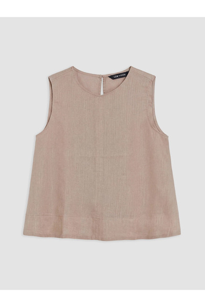 LC Waikiki Beige crew neck 100% linen blouse