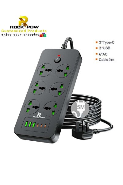 ROCK POW 5m Surge Protector Power Strip - Flat Plug Extension Cord with 6 Out...