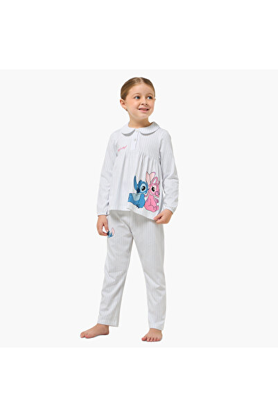Disney Cotton Peter Pan Collar Long Sleeves Pyjama Set with Angel and Stitch ...