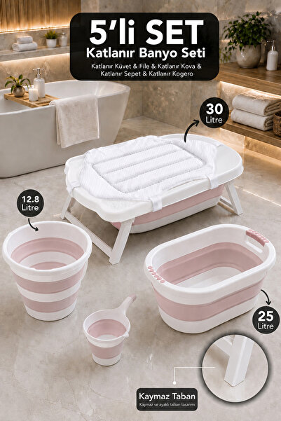 Meleni Baby 5'li Lüks Akordiyon Bebek Banyo Seti -Katlanabilir Küvet Sepet Bü...
