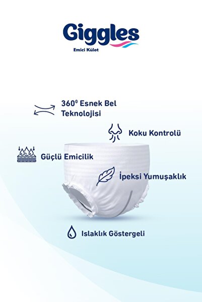 giggles Yetişkin Emici Külot Bez Small Bel Ölçüsü 50-90cm Islaklık Göstergeli 30'lu 1 Paket 30 Adet