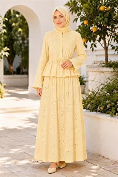 Neşeli Butik طقم حجاب نسائي مطرز باللون الأصفر مع تنورة مطاطية عند الخصر وبلو...