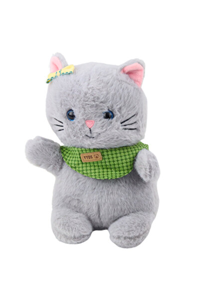 LeanToys Mascotă de pluș, pisică, gri-verde, cu eșarfă și fundă, 22cm