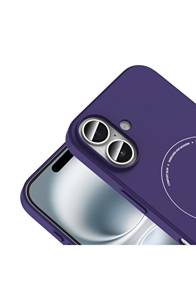 Techaks iPhone 16 Kılıf M-Safe Şarj Özellikli Kamera Korumalı TCHS Elio Sert PC Kapak - Derin Mor