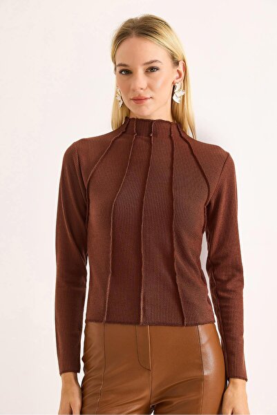 Raneel Kazançlı Alışveriş Women's reverse stitch short blouse brown