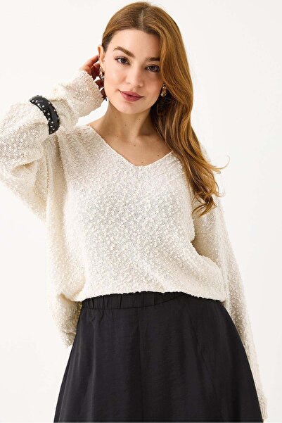 Raneel Kazançlı Alışveriş V-Neck Speckled Detailed Knitwear Sweater Cream