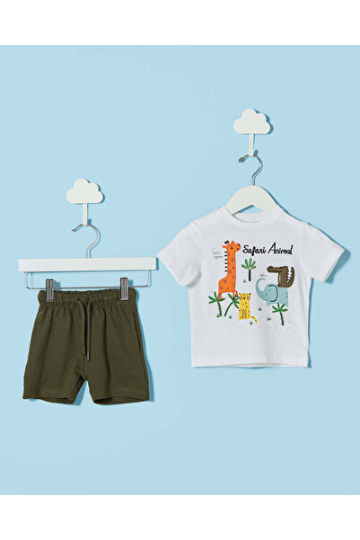 REDTAG Infant Boys White Printed T-Shirt And Shorts Set