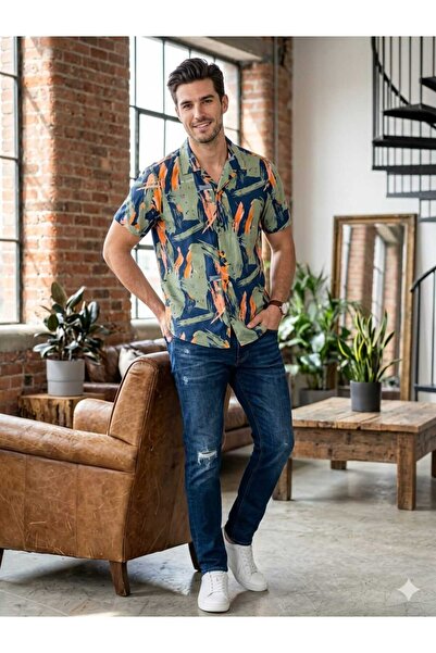NİDİBAY Men's Summer Shirt Short Sleeve Button-Down Apaj Collar Style Stylish...