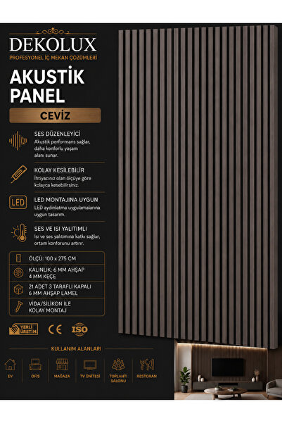 Dekolux AKUSTİK AHŞAP PANEL CEVİZ RENGİ 100*275