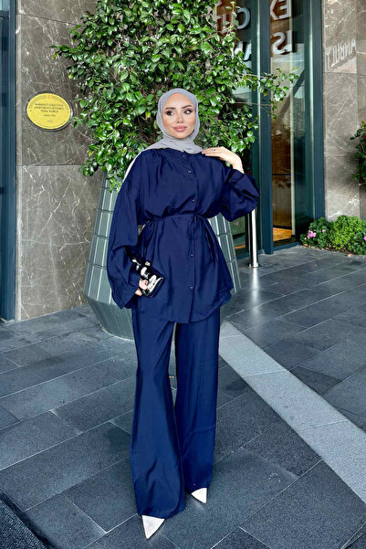 İmajButik Navy Blue Tie-Waist Shirt and Trousers Set