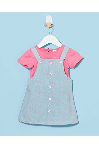 REDTAG Infant Girls Pink T-Shirt And Dungaree Dress Set (2 Piece)