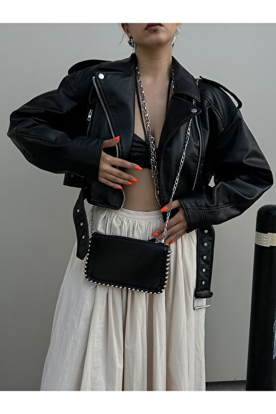 Tecer Bag Kadın Zımbalı Fermuarlı Çapraz Askılı Clutch Çanta