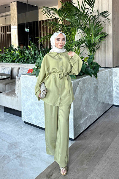 İmajButik Olive Belted Shirt and Trousers Modal Suit