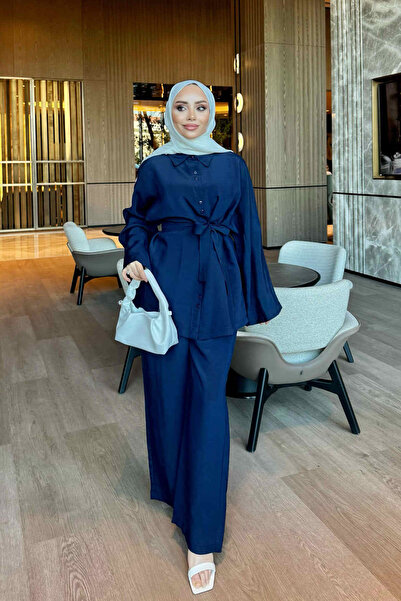 İmajButik Navy Blue Belted Shirt and Trousers Modal Suit